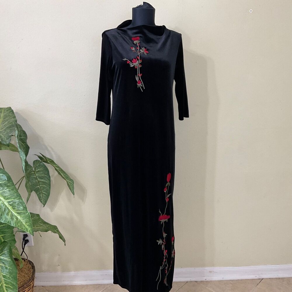 Vintage Carole Little 90โs Y2K Embroidered Maxi Dress Womens 4P Asian Inspired